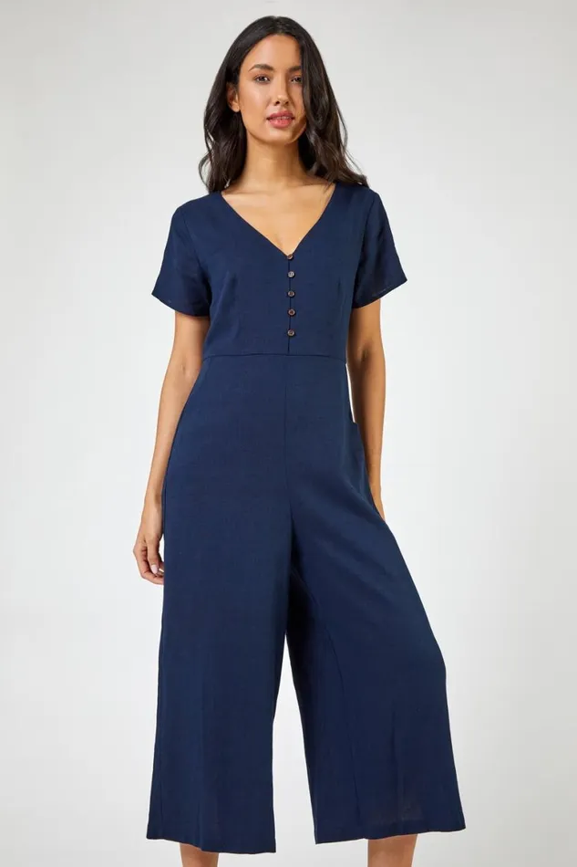 Women Navy Cotton Blend Culotte Jumpsuit Roman Dresses