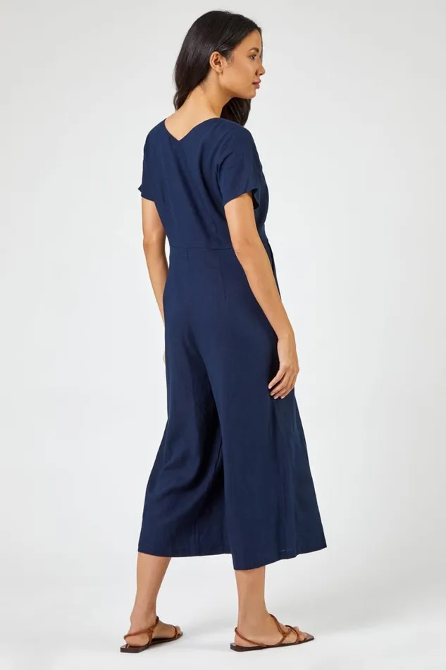 Women Navy Cotton Blend Culotte Jumpsuit Roman Dresses