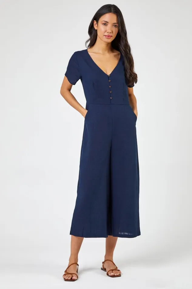 Women Navy Cotton Blend Culotte Jumpsuit Roman Dresses