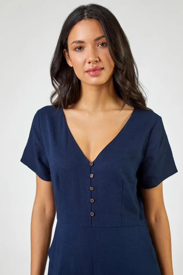 Women Navy Cotton Blend Culotte Jumpsuit Roman Dresses