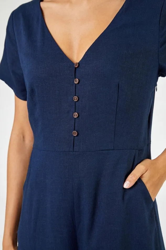 Women Navy Cotton Blend Culotte Jumpsuit Roman Dresses