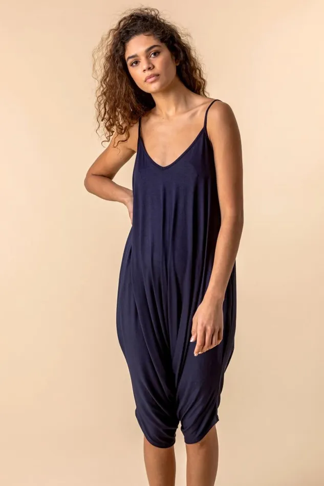 Women Navy Cropped VNeck Hareem Jumpsuit Roman Dresses