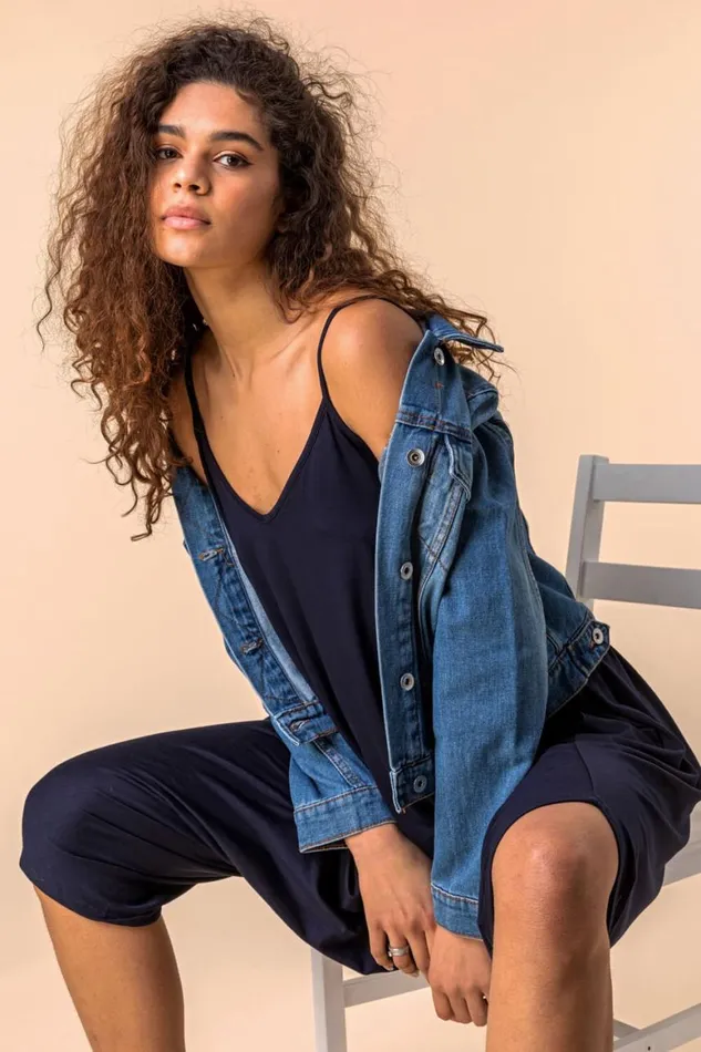 Women Navy Cropped VNeck Hareem Jumpsuit Roman Dresses