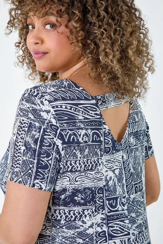 Women Navy Curve Abstract Print Back Bar Stretch Top Roman Tops