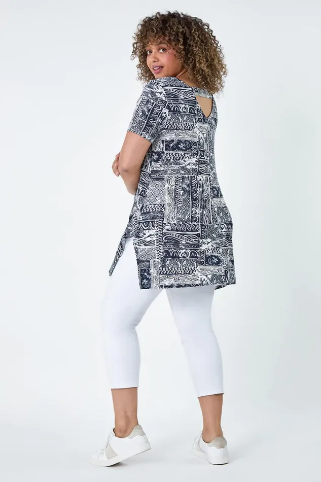 Women Navy Curve Abstract Print Back Bar Stretch Top Roman Tops