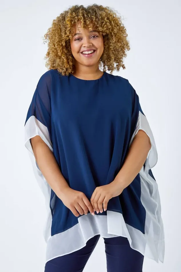 Women Navy Curve Chiffon Overlay Top Roman Tops