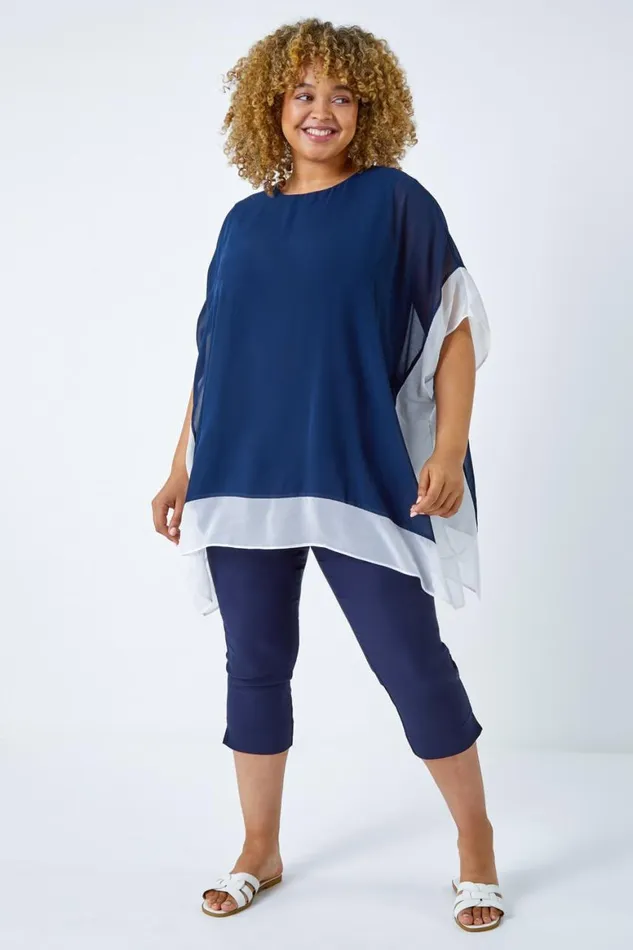 Women Navy Curve Chiffon Overlay Top Roman Tops