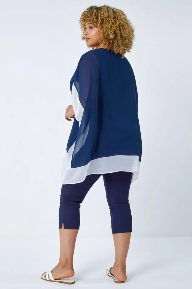 Women Navy Curve Chiffon Overlay Top Roman Tops