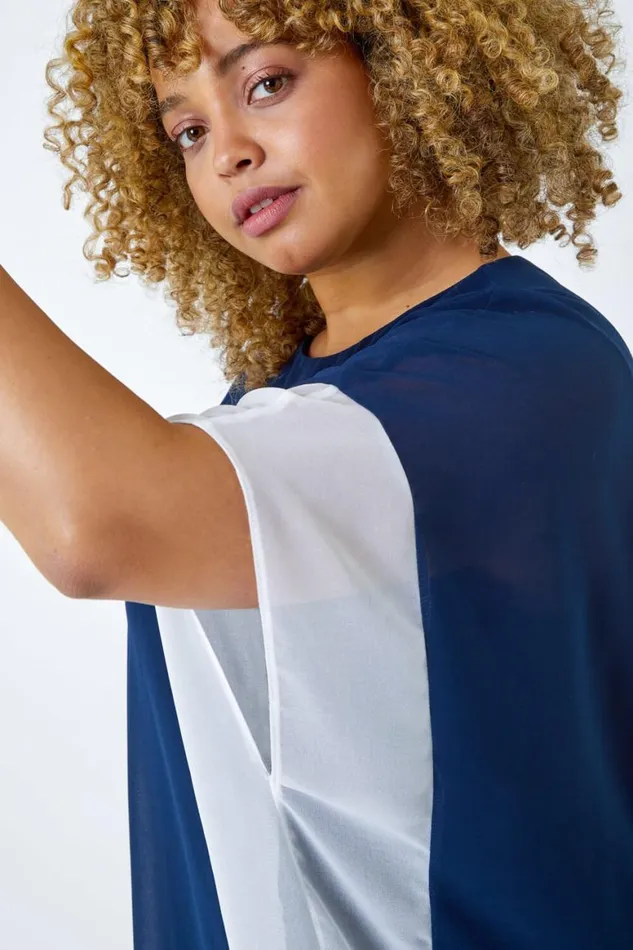 Women Navy Curve Chiffon Overlay Top Roman Tops