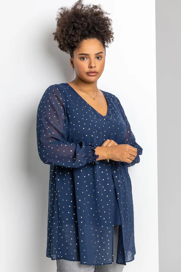 Women Navy Curve Foil Spot Print Split Front Chiffon Top Roman Tops