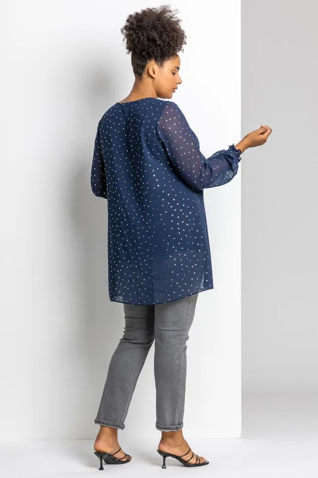 Women Navy Curve Foil Spot Print Split Front Chiffon Top Roman Tops