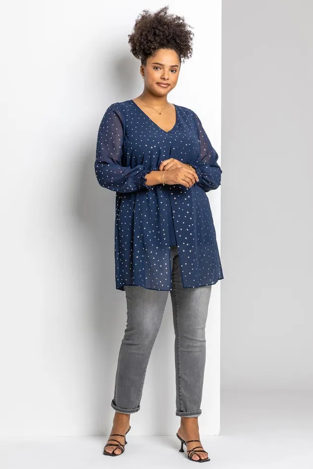Women Navy Curve Foil Spot Print Split Front Chiffon Top Roman Tops