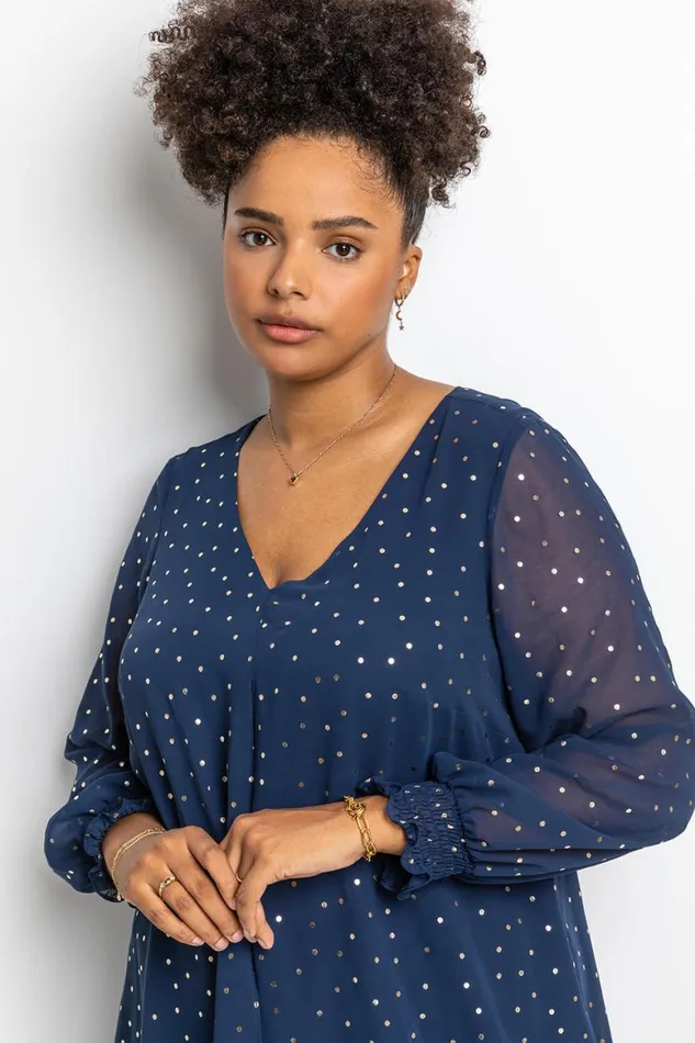Women Navy Curve Foil Spot Print Split Front Chiffon Top Roman Tops