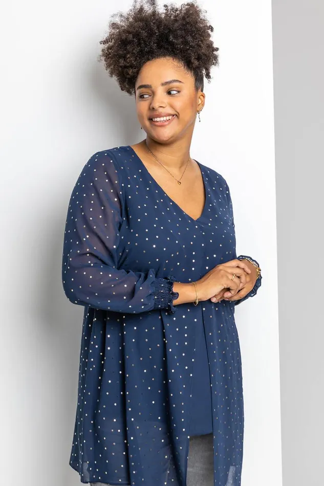 Women Navy Curve Foil Spot Print Split Front Chiffon Top Roman Tops