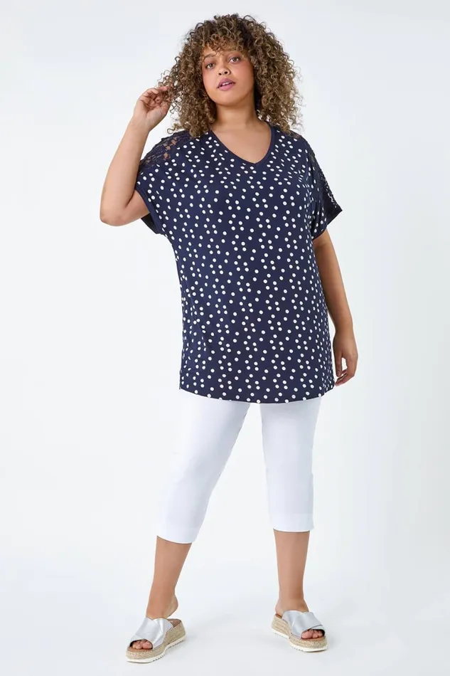 Women Navy Curve Lace Shoulder Polka Dot Stretch TShirt Roman Tops