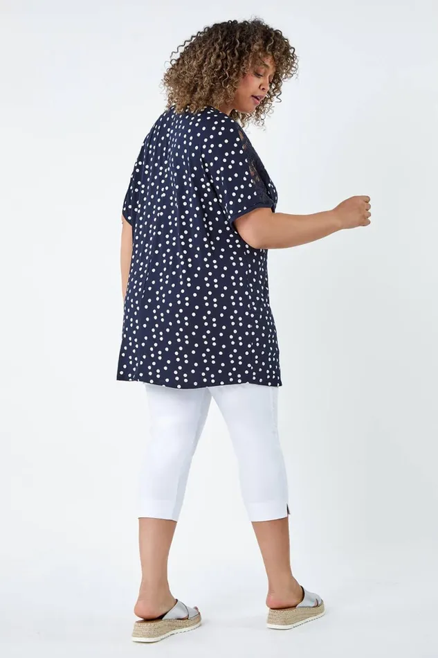 Women Navy Curve Lace Shoulder Polka Dot Stretch TShirt Roman Tops