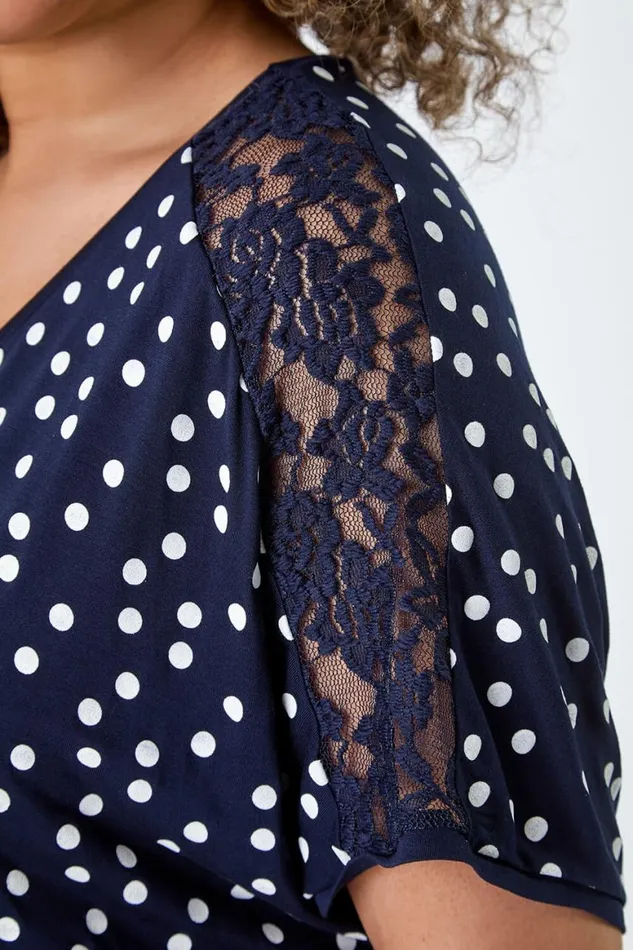 Women Navy Curve Lace Shoulder Polka Dot Stretch TShirt Roman Tops