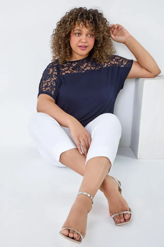 Women Navy Curve Lace Yoke Stretch Bubble Hem Top Roman Tops