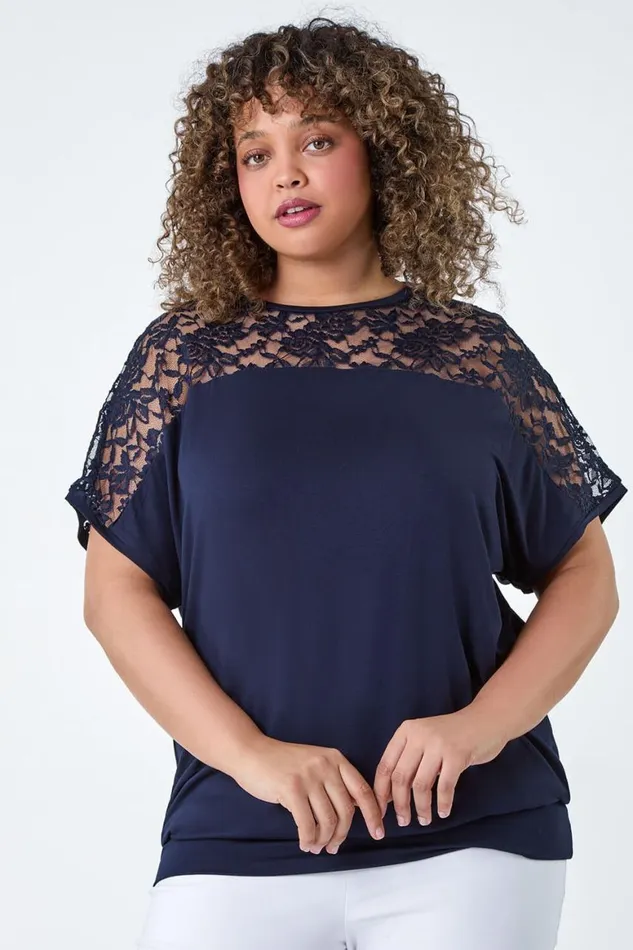 Women Navy Curve Lace Yoke Stretch Bubble Hem Top Roman Tops