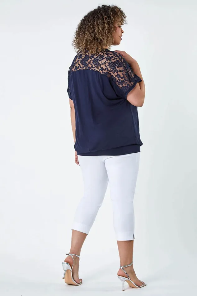 Women Navy Curve Lace Yoke Stretch Bubble Hem Top Roman Tops