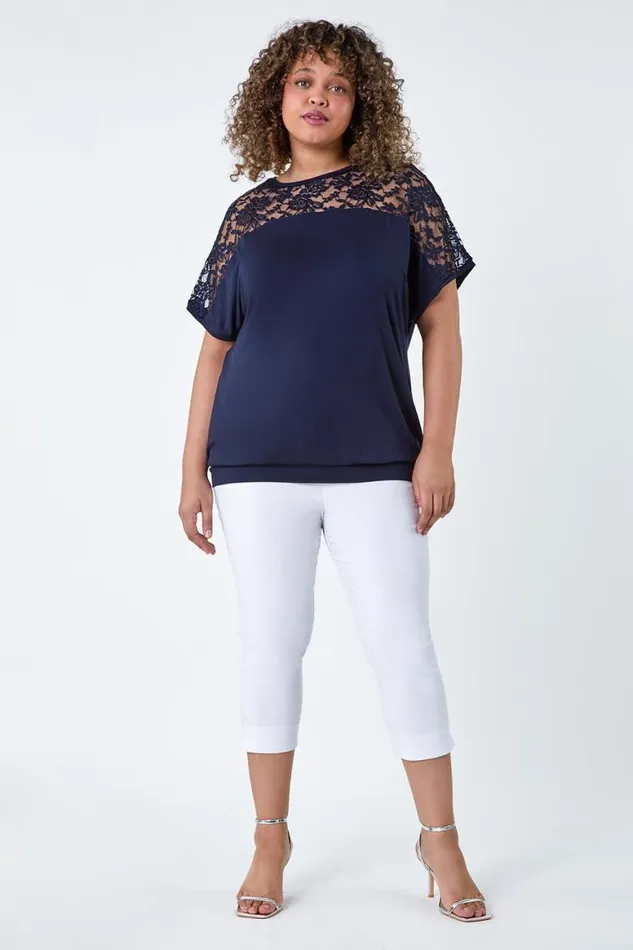 Women Navy Curve Lace Yoke Stretch Bubble Hem Top Roman Tops