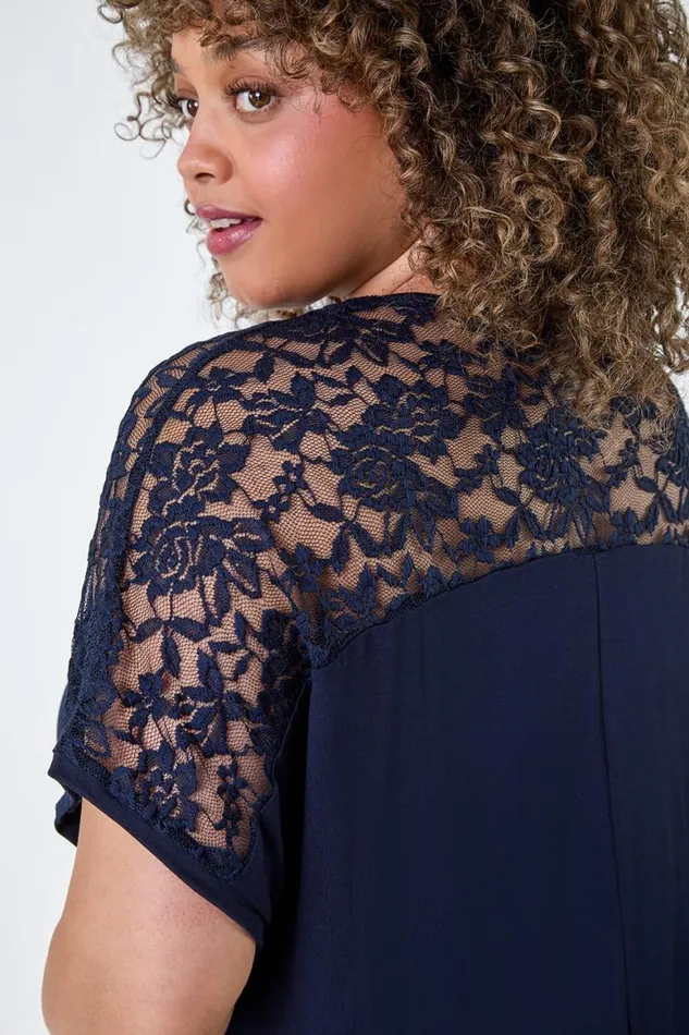 Women Navy Curve Lace Yoke Stretch Bubble Hem Top Roman Tops