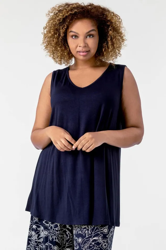 Women Navy Curve Plain VNeck Vest Top Roman Tops