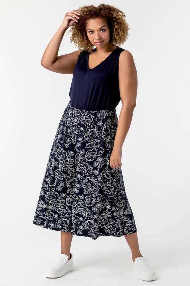 Women Navy Curve Plain VNeck Vest Top Roman Tops