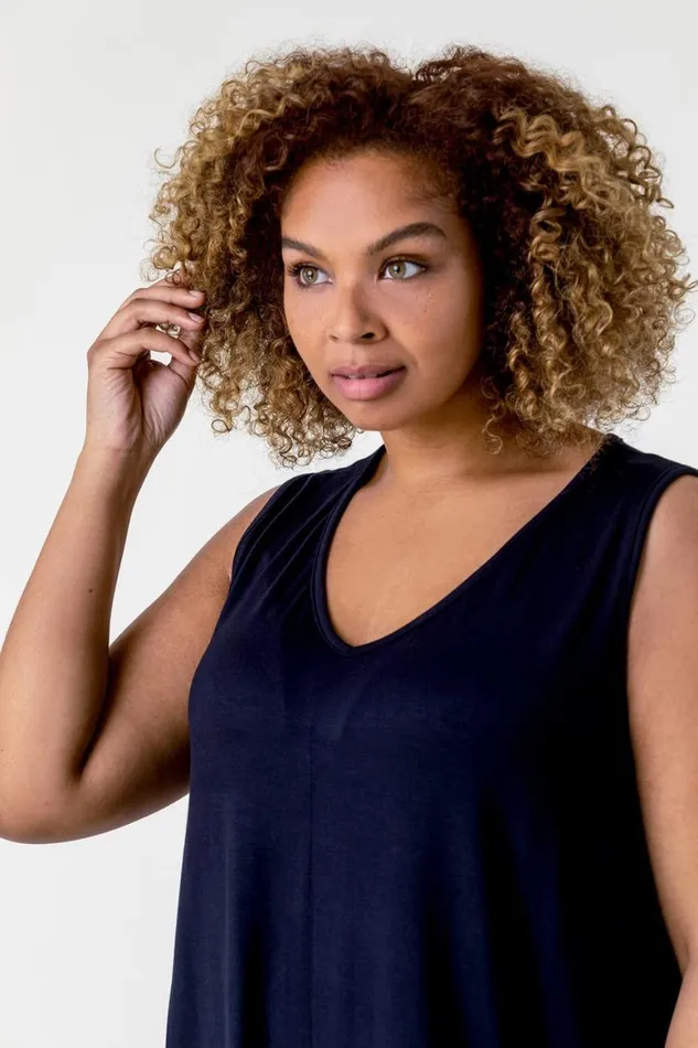 Women Navy Curve Plain VNeck Vest Top Roman Tops