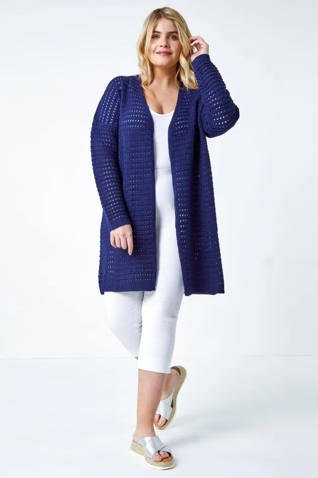 Women Navy Curve Pointelle Longline Cardigan Roman Knitwear