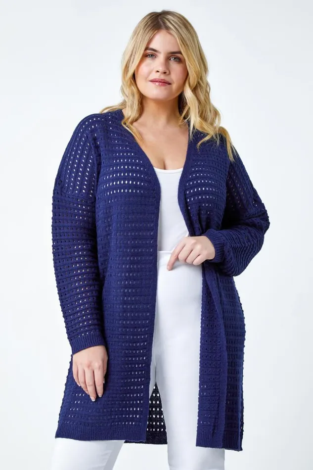 Women Navy Curve Pointelle Longline Cardigan Roman Knitwear