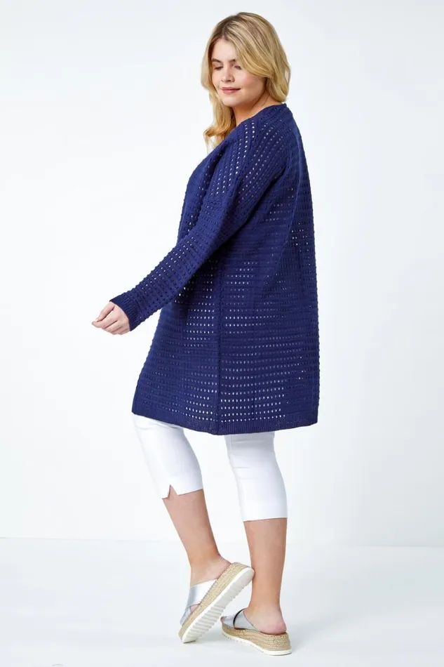 Women Navy Curve Pointelle Longline Cardigan Roman Knitwear