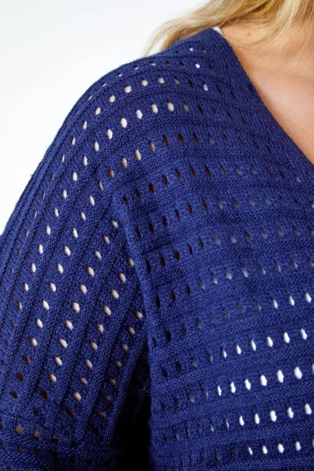 Women Navy Curve Pointelle Longline Cardigan Roman Knitwear