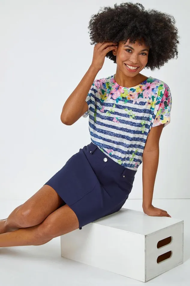 Women Navy Elastic Waist Straight Stretch Skirt Roman Skirts