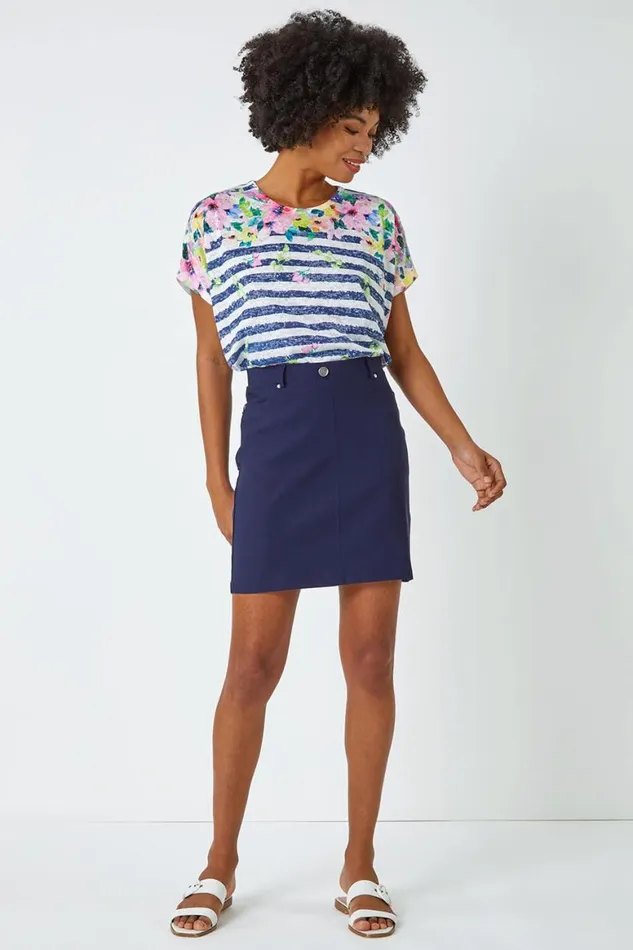 Women Navy Elastic Waist Straight Stretch Skirt Roman Skirts