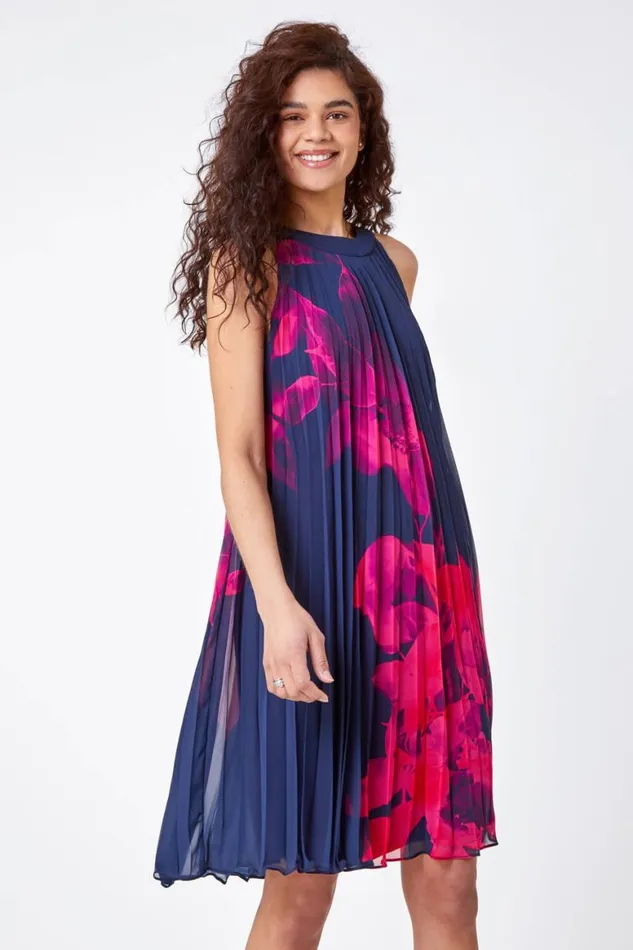 Women Navy Floral Pleated Swing Dress Roman Dresses
