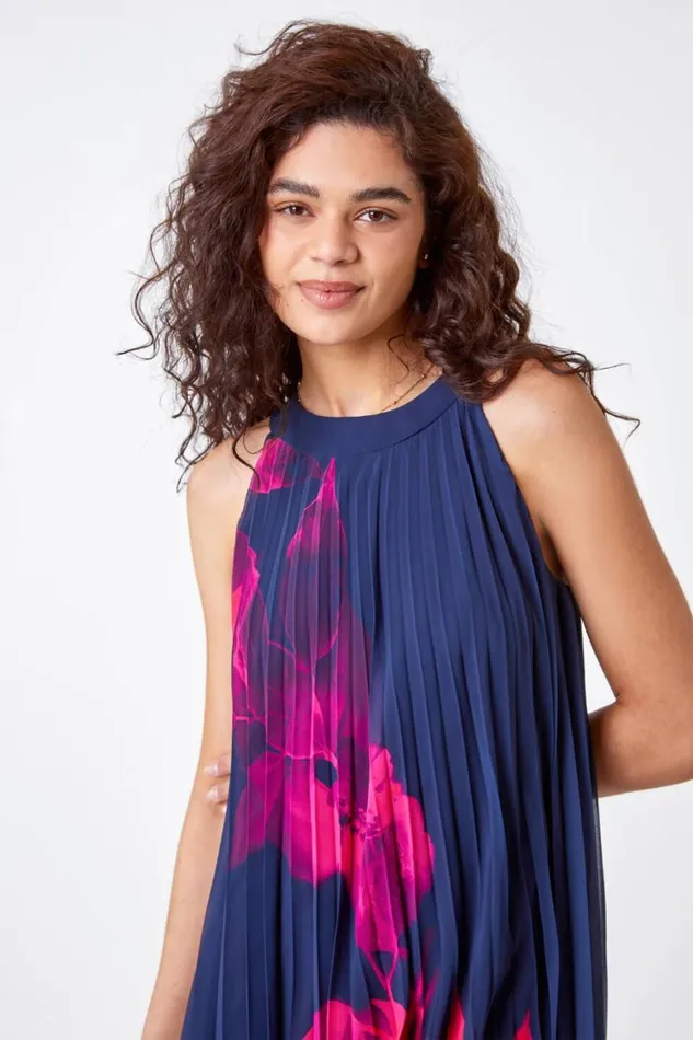 Women Navy Floral Pleated Swing Dress Roman Dresses