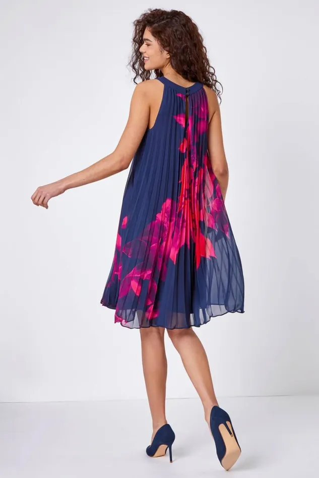 Women Navy Floral Pleated Swing Dress Roman Dresses