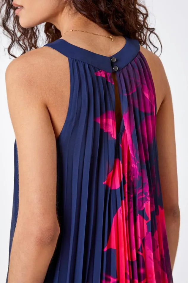 Women Navy Floral Pleated Swing Dress Roman Dresses