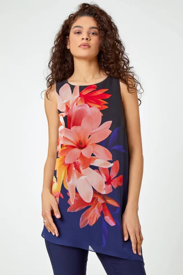 Women Navy Floral Print Asymmetric Chiffon Tunic Top Roman Tops