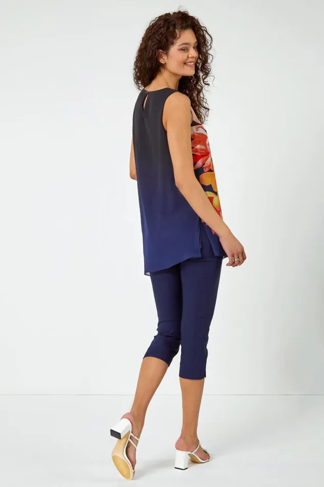 Women Navy Floral Print Asymmetric Chiffon Tunic Top Roman Tops