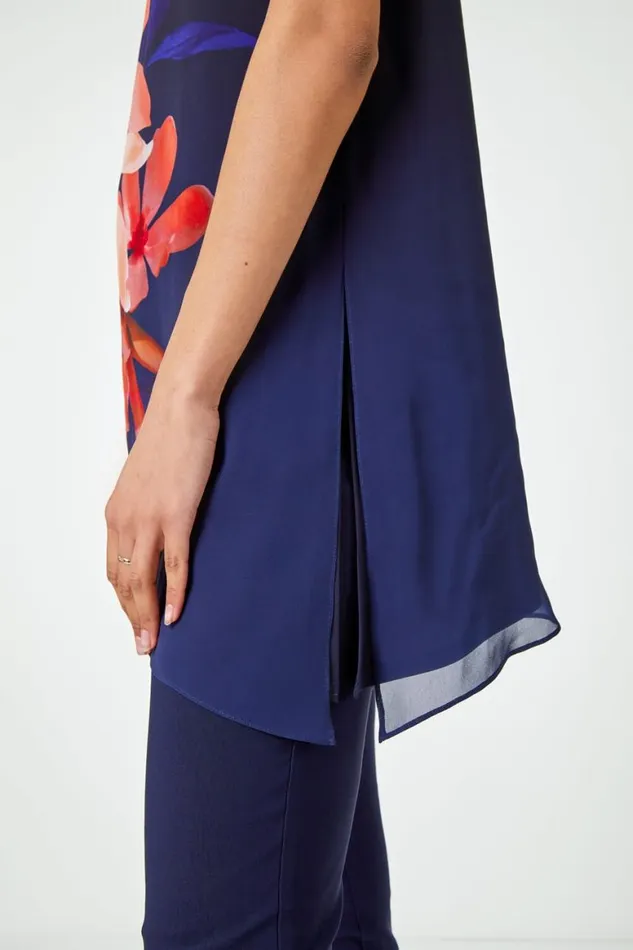 Women Navy Floral Print Asymmetric Chiffon Tunic Top Roman Tops