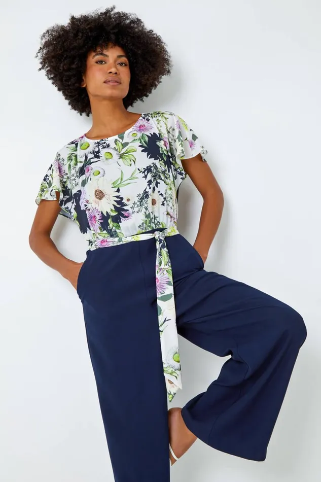 Women Navy Floral Print Contrast Jumpsuit Roman Dresses