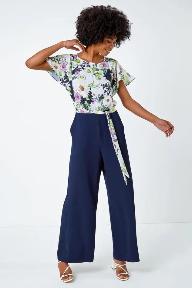 Women Navy Floral Print Contrast Jumpsuit Roman Dresses