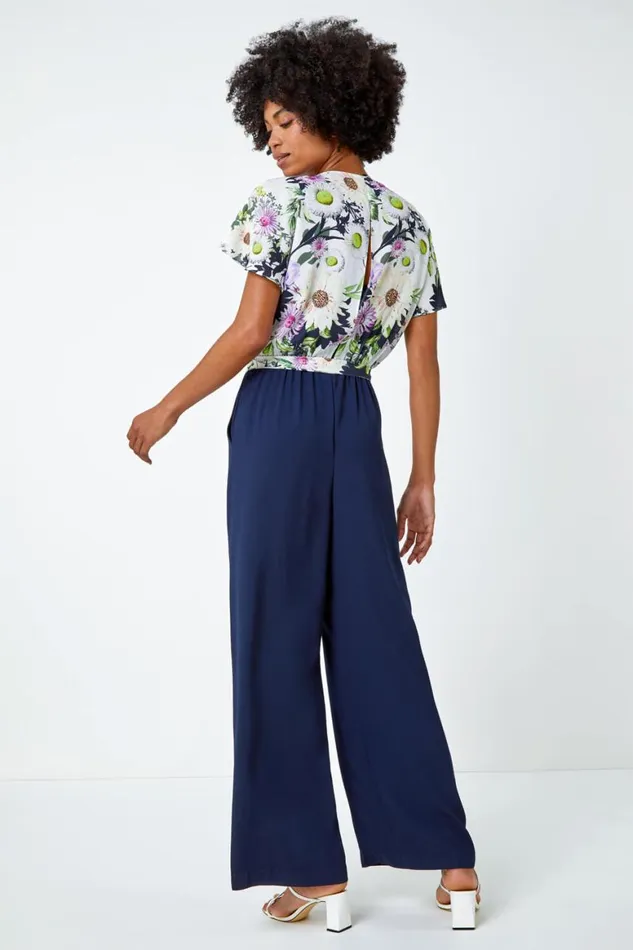 Women Navy Floral Print Contrast Jumpsuit Roman Dresses