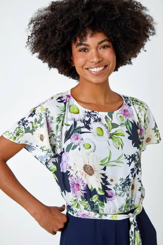 Women Navy Floral Print Contrast Jumpsuit Roman Dresses
