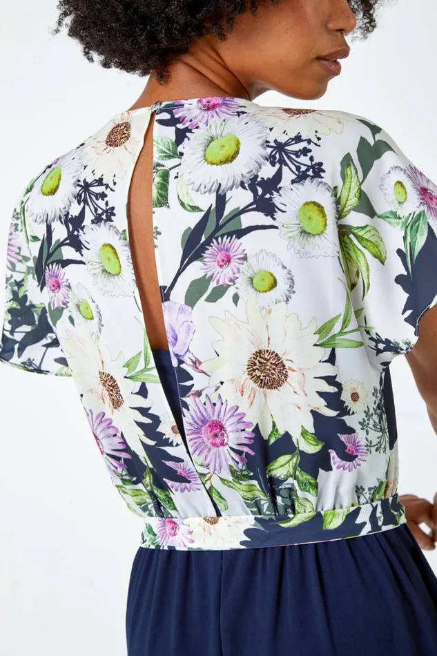 Women Navy Floral Print Contrast Jumpsuit Roman Dresses