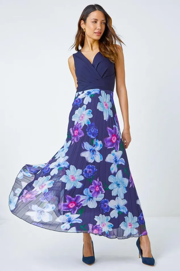 Women Navy Floral Print Pleated Chiffon Maxi Dress Roman Dresses
