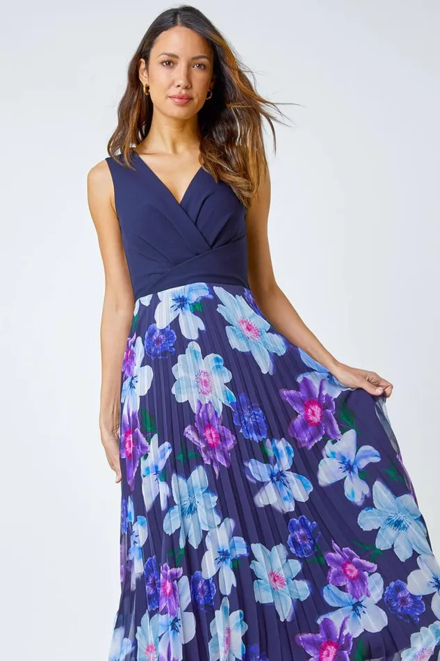 Women Navy Floral Print Pleated Chiffon Maxi Dress Roman Dresses