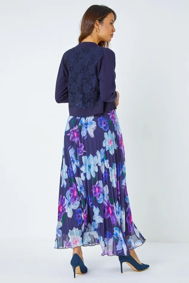 Women Navy Floral Print Pleated Chiffon Maxi Dress Roman Dresses